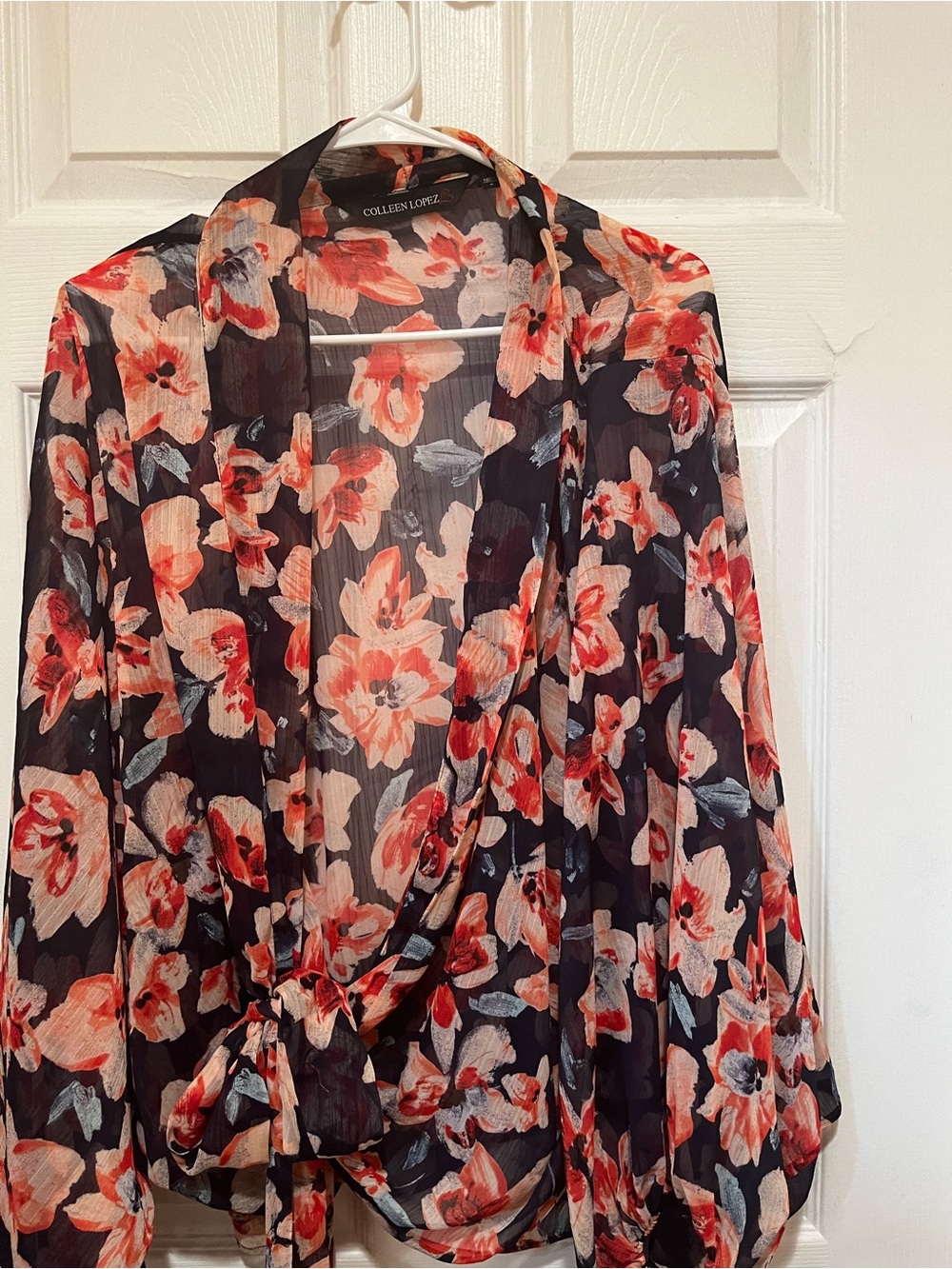 Colleen Lopez Black Floral Tie-Front Wrap Blouse with Coral Blooms